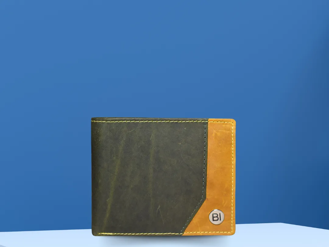 William Men’s Leather Wallet Olive Green & Yellow - BIMW160